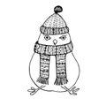 Cute cartoons bird in hat and scarf hand drawn ink sketch design monochrome element for coloring page